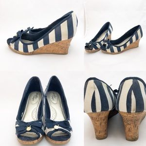Navy & White Striped Peep Toe Wedges